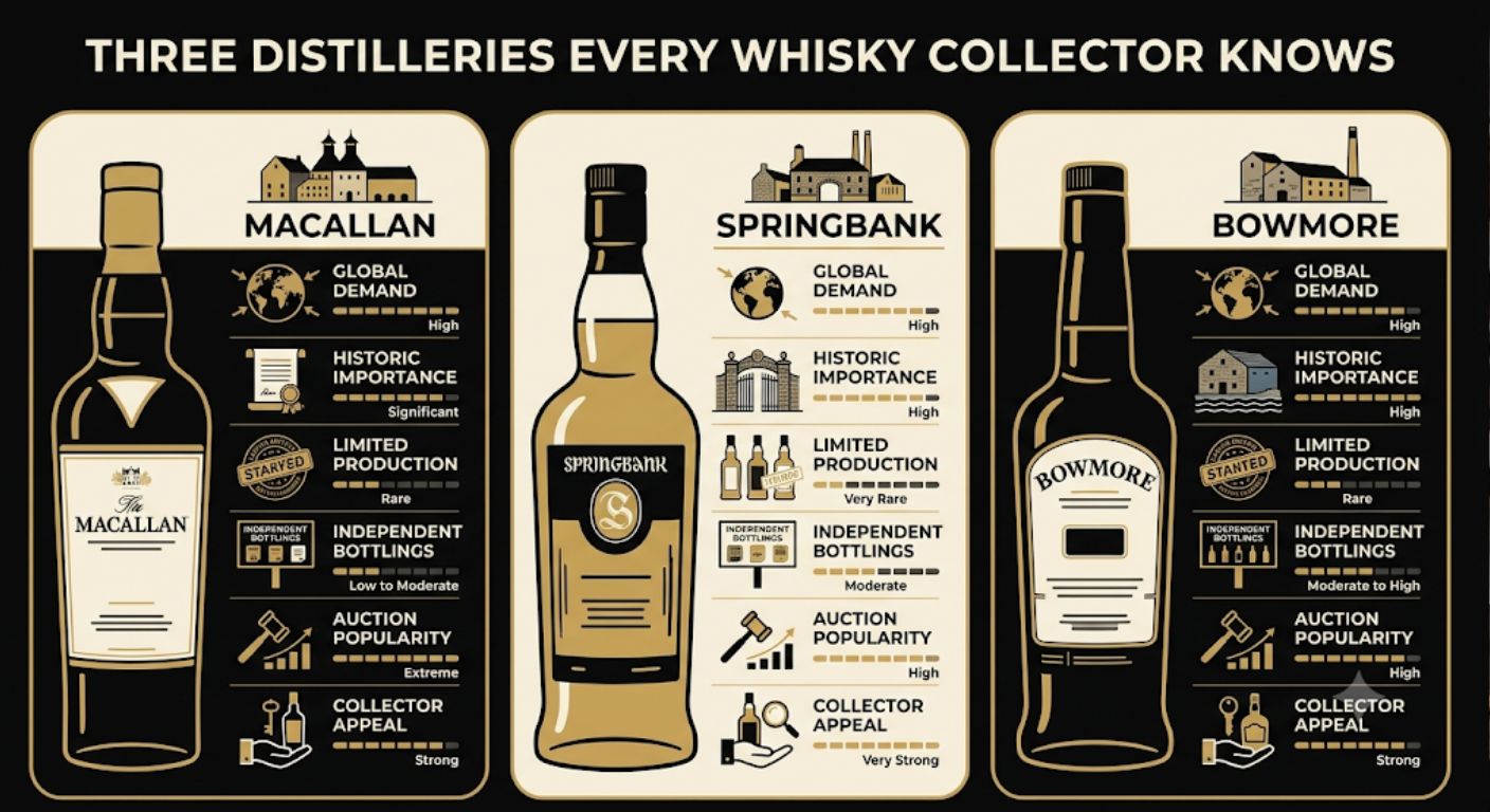 Comparison infographic highlighting why Macallan, Springbank and Bowmore are among the best-known Scotch whisky distilleries for collectors.