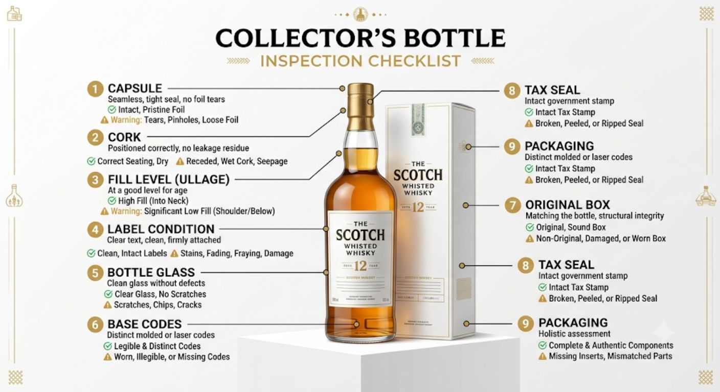 Diagram illustrating the key areas collectors inspect when assessing the condition and authenticity of a collectible Scotch whisky bottle.