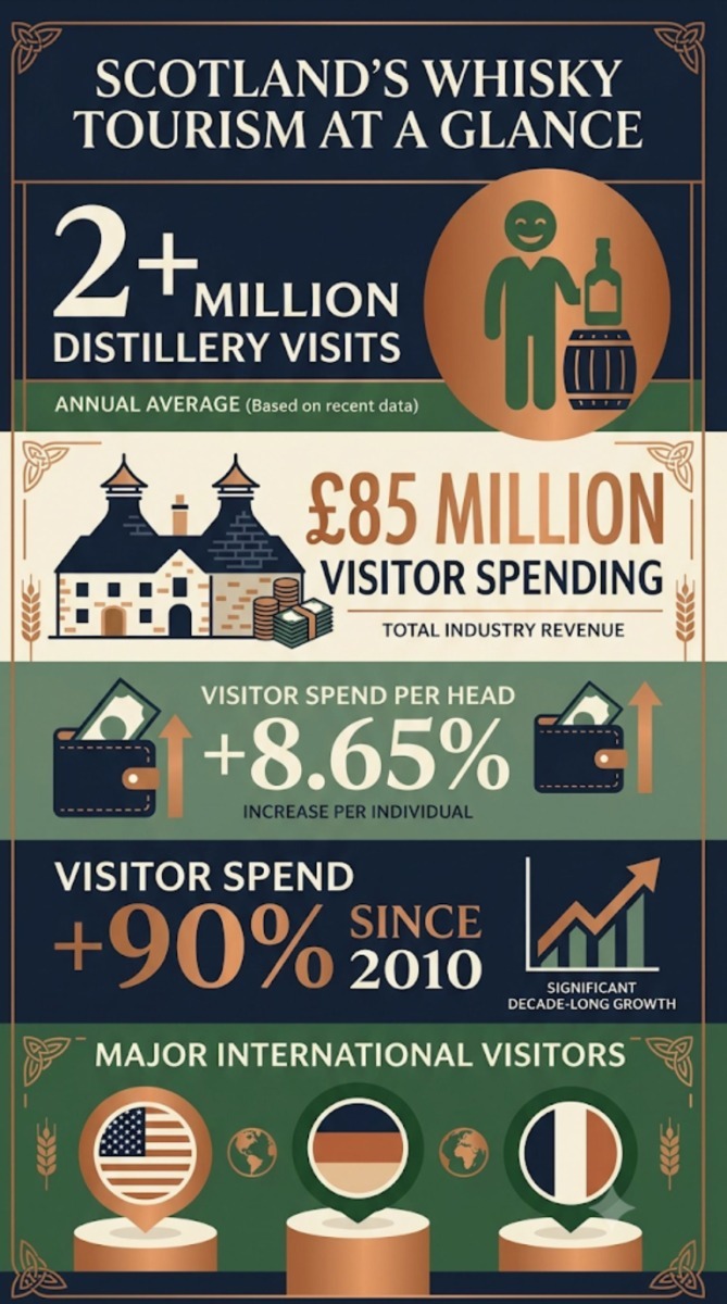 Infographic summarising Scotland's whisky tourism statistics including visitor numbers, spending and international visitor markets.