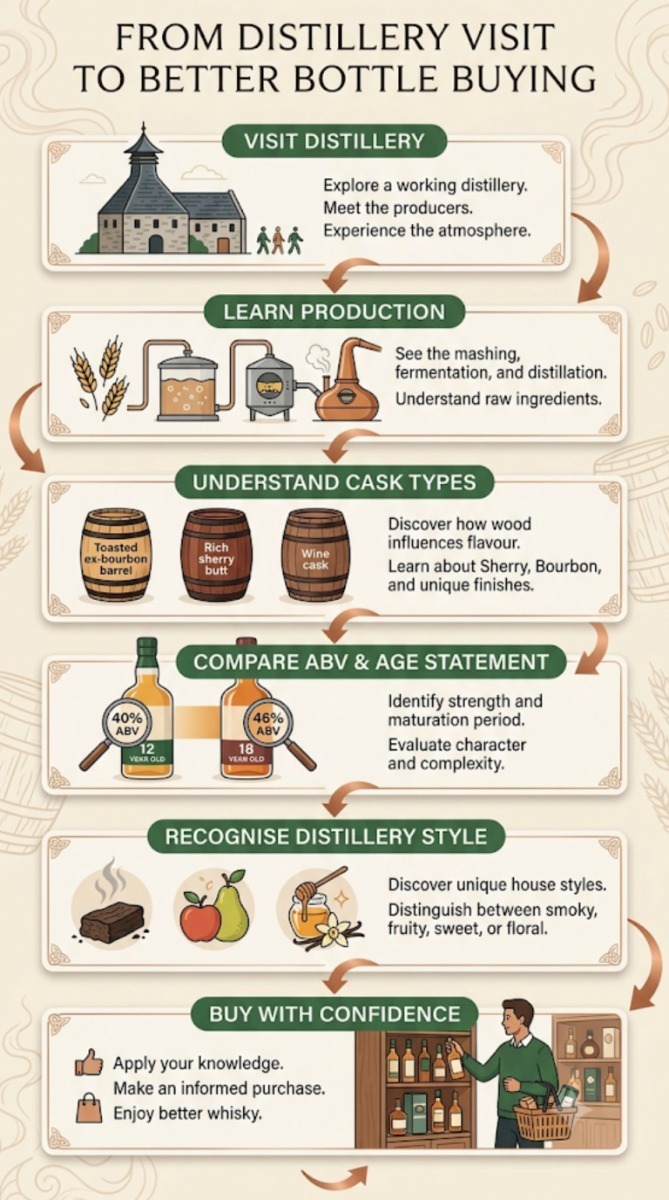 Flowchart showing how visiting a Scottish distillery helps buyers make more informed whisky purchasing decisions.