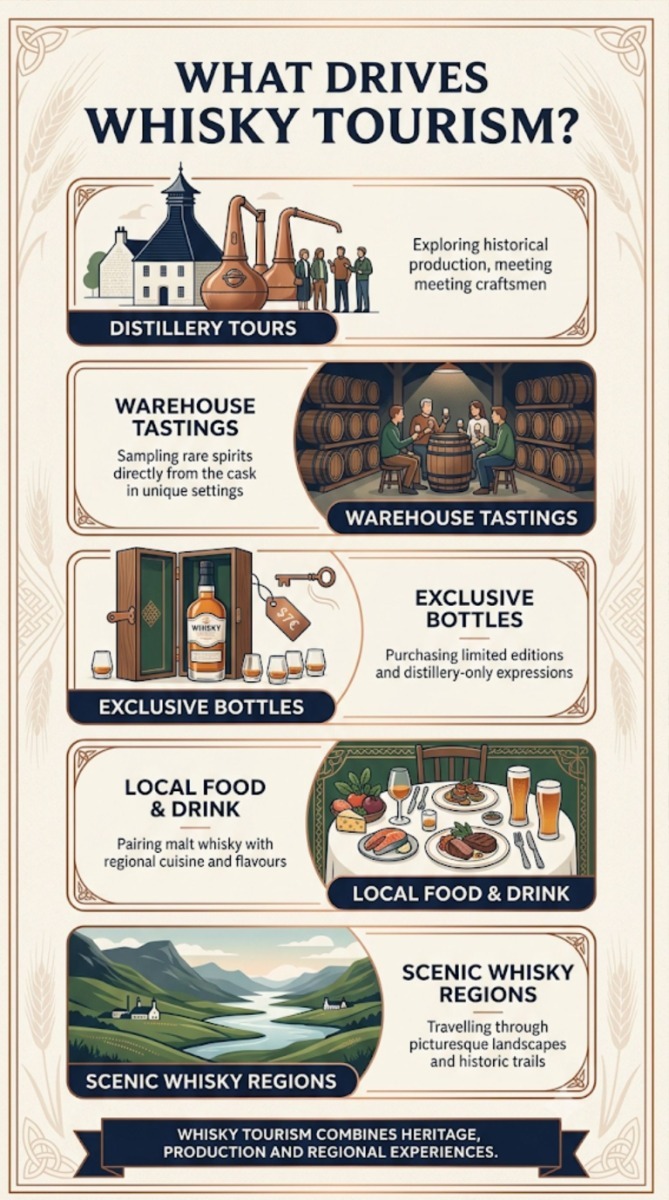 Comparison infographic showing the main reasons visitors travel to Scotland's whisky distilleries.