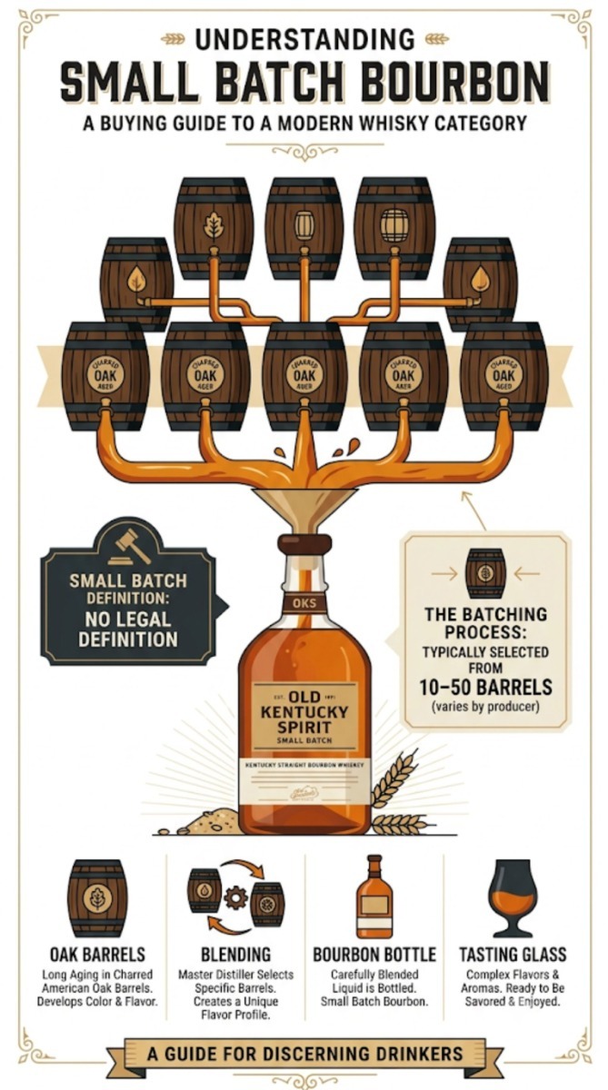 Diagram explaining how small batch bourbon is created by blending selected barrels and noting that the term has no legal definition.