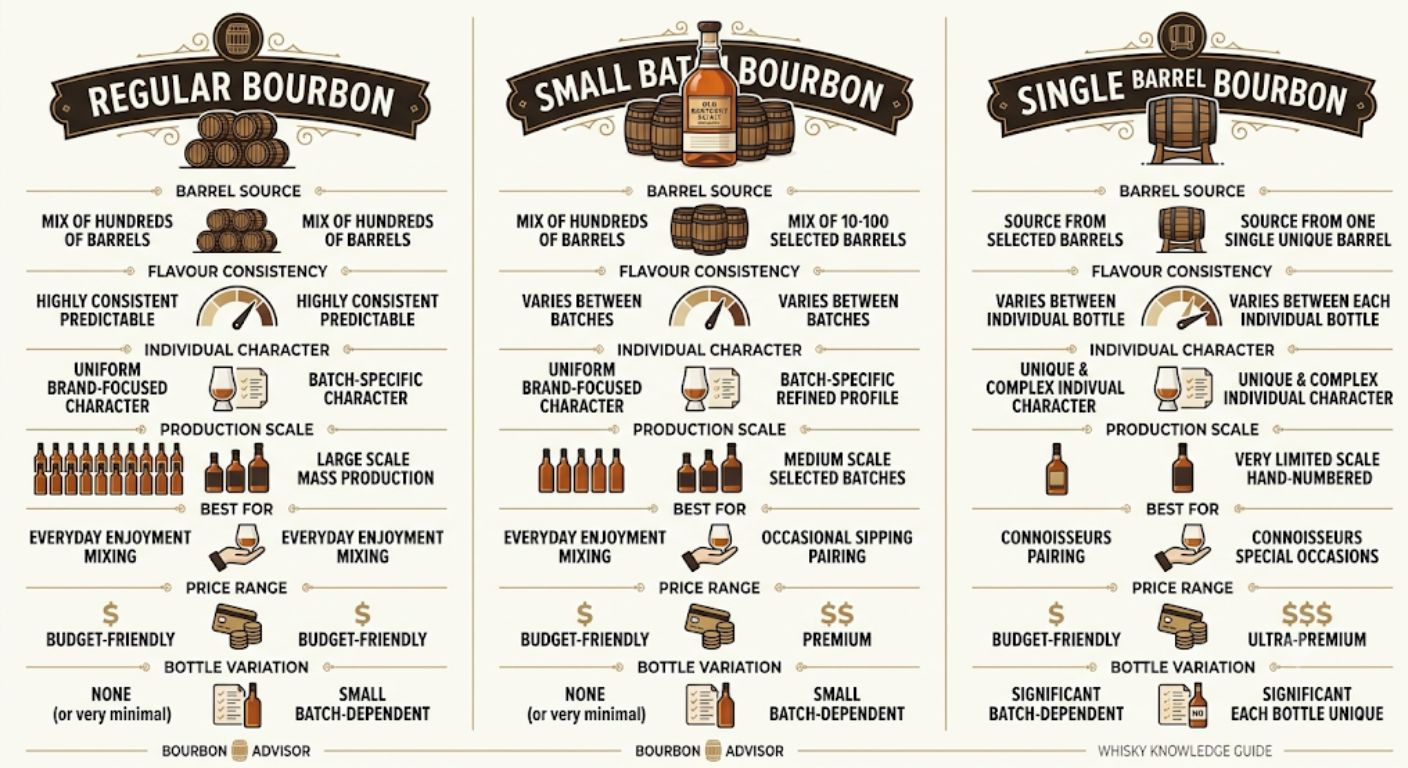 Comparison chart showing the differences between regular bourbon, small batch bourbon and single barrel bourbon.