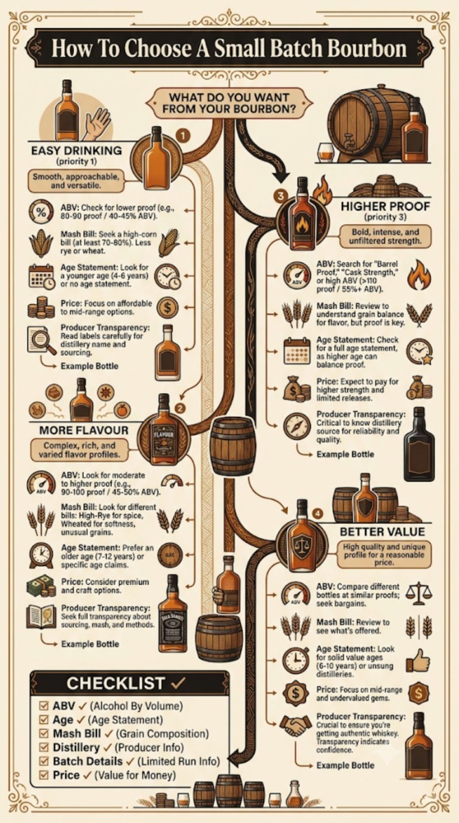 Decision tree showing how to choose a small batch bourbon based on flavour, strength, value and bottle information.