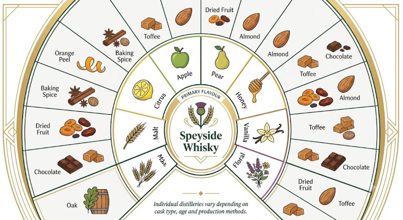 Flavour wheel showing the typical fruit, honey, vanilla, floral and sherry-influenced tasting characteristics commonly associated with Speyside whisky.