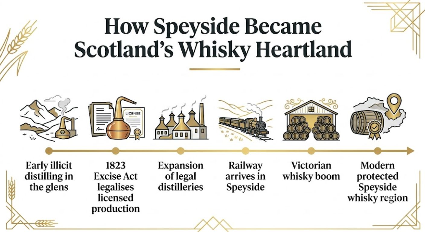 Timeline illustrating the major historical events that helped establish Speyside as Scotland's leading whisky-producing region.