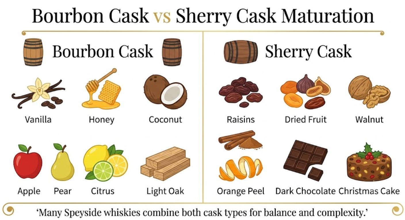 Comparison showing the different flavour characteristics contributed by bourbon barrels and sherry casks during Speyside whisky maturation.