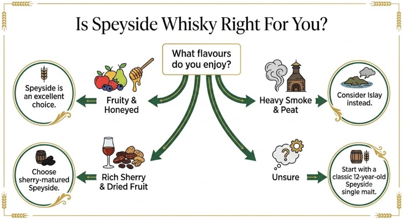 Decision tree helping readers decide whether Speyside whisky suits their flavour preferences based on sweetness, fruitiness, sherry influence or peat.