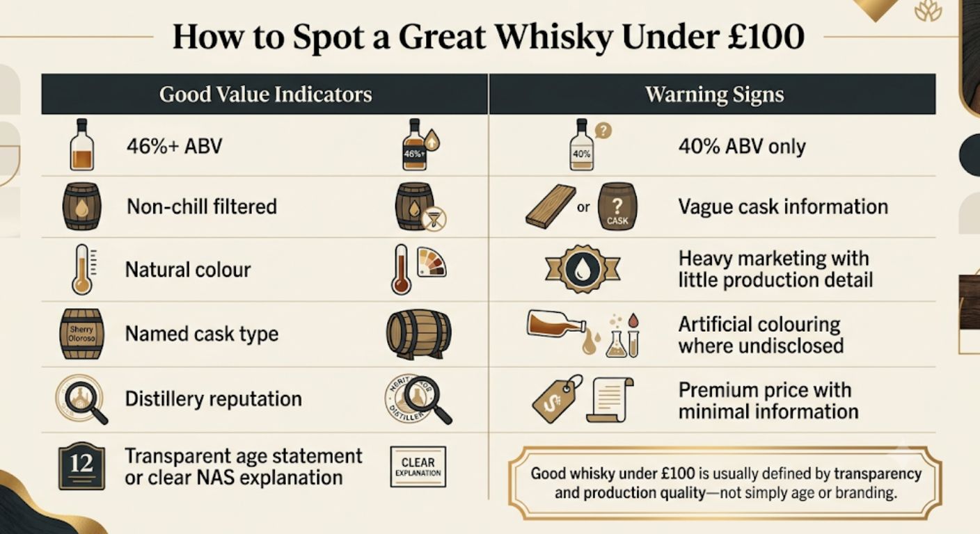 Comparison chart showing the key indicators of good value whisky under £100, including ABV, cask information, non-chill filtration and transparency.