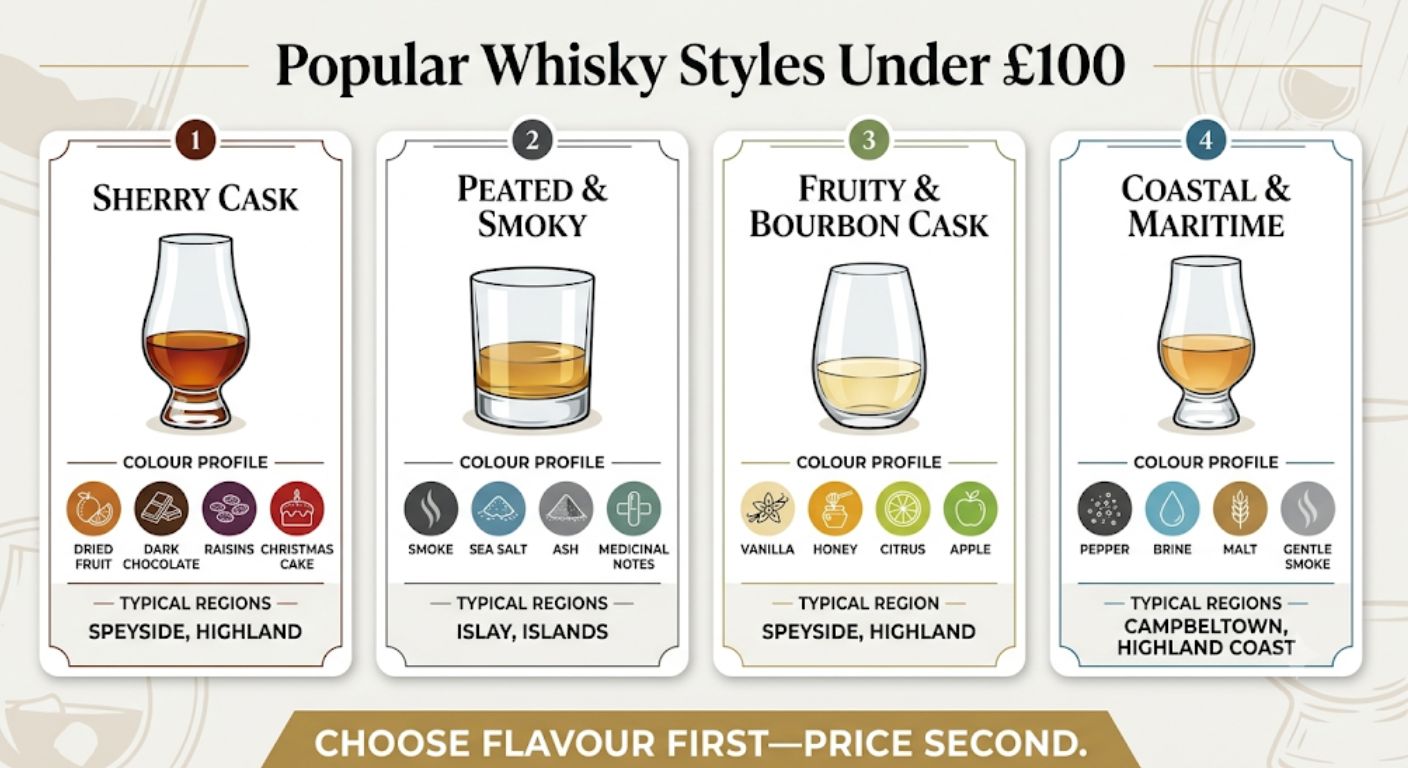 Illustrated comparison of four whisky flavour styles under £100, showing their tasting characteristics and typical Scottish regions.