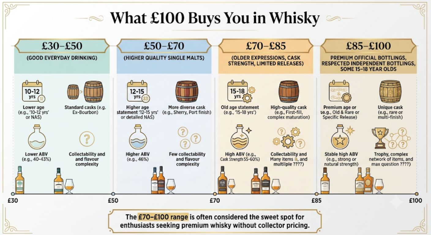 Timeline showing what buyers can typically expect at different whisky price ranges between £30 and £100, including age, quality and bottling style.
