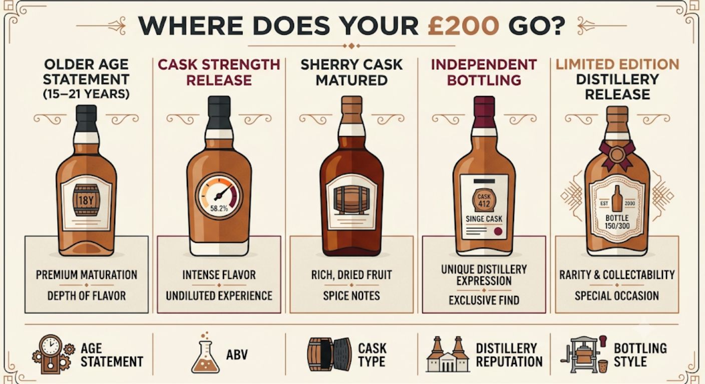 Infographic comparing the five main ways whisky under £200 delivers value, including age statements, cask strength, sherry maturation, independent bottlings and limited editions.