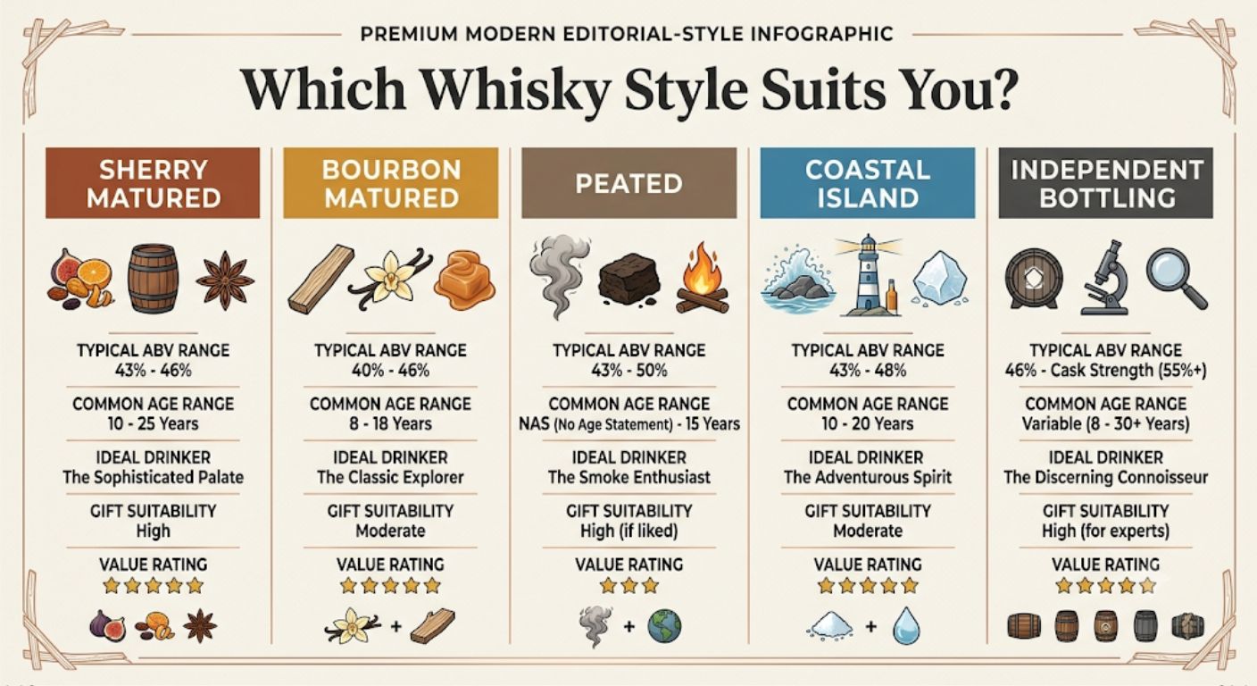Comparison infographic showing the main whisky styles available under £200, including flavour profiles, ABV, age range and ideal buyer.