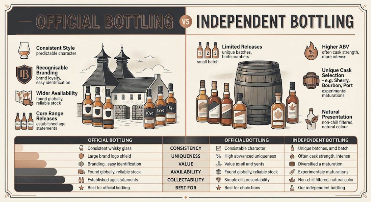 Side-by-side comparison of official distillery bottlings and independent bottlings, highlighting the differences in style, availability and value.