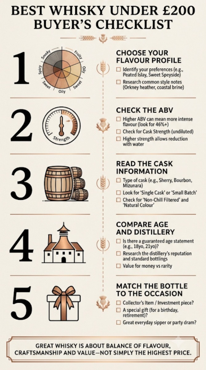 Five-step buyer's checklist explaining how to choose the best whisky under £200 based on flavour, ABV, cask type, age and intended occasion.