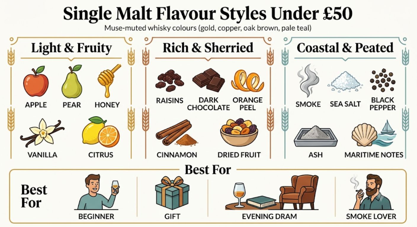 Comparison chart showing the three main flavour styles of single malt whisky under £50 and which type of drinker each style suits best.