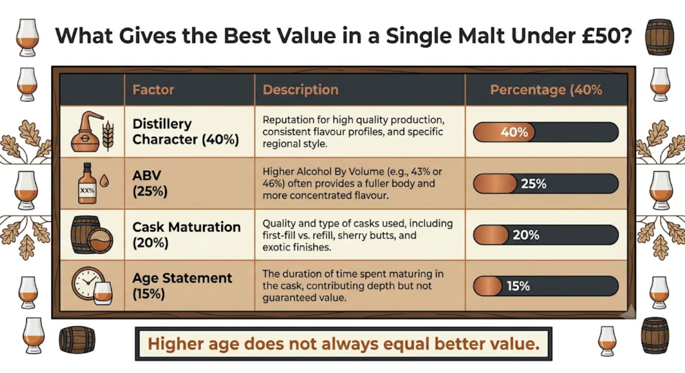 Infographic explaining which factors contribute most to value when buying a single malt whisky under £50, with weighted importance for distillery character, ABV, cask maturation and age statement.