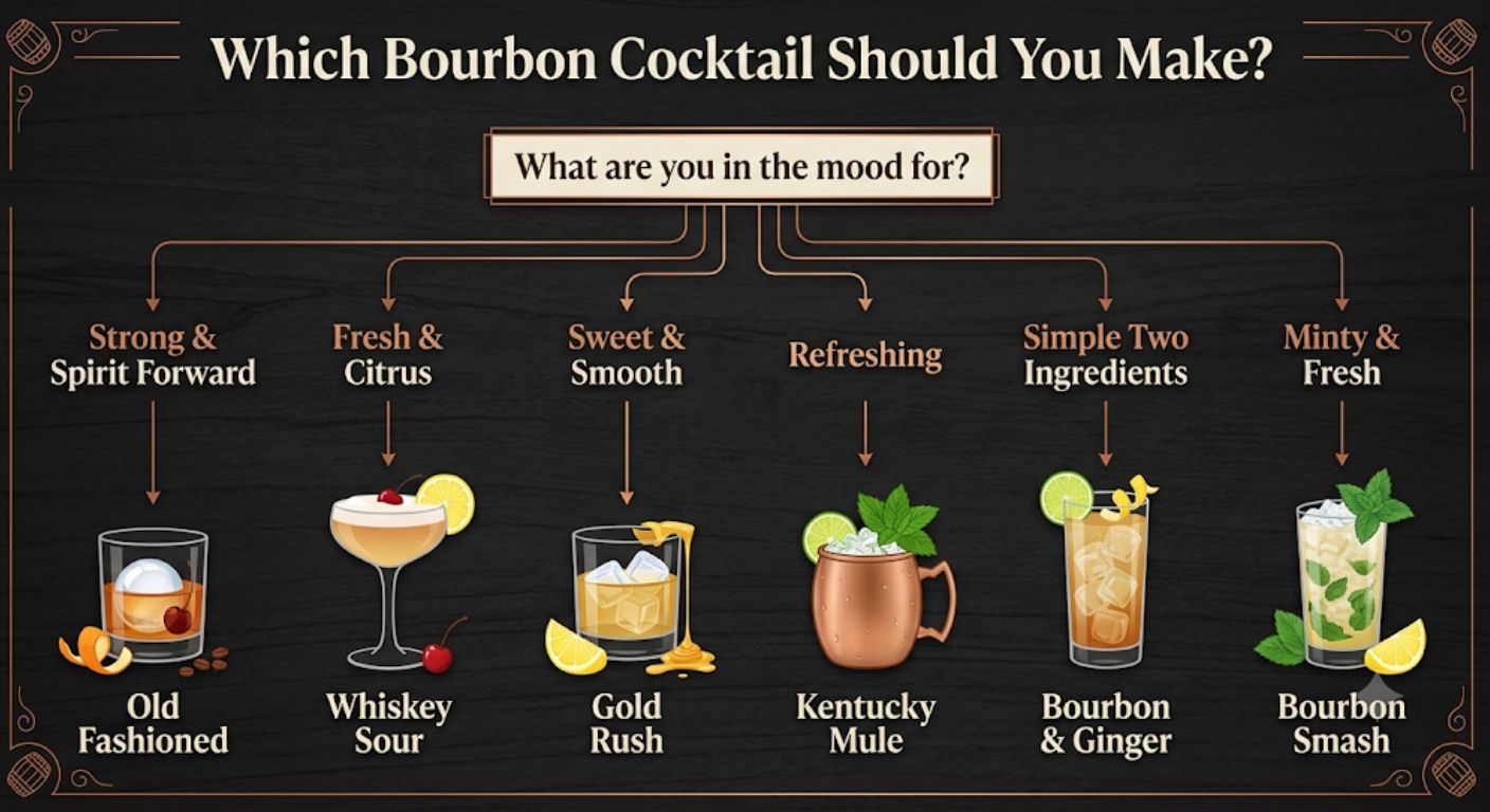 Decision tree helping readers choose the best bourbon cocktail based on flavour preference, from spirit-forward drinks to refreshing and citrus-based options.