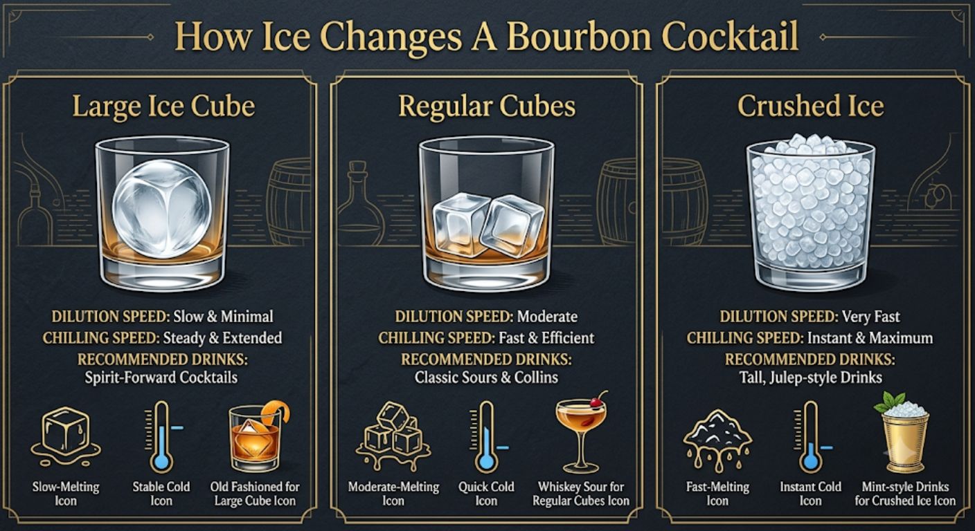 Educational infographic explaining how different ice types affect dilution, temperature and the ideal bourbon cocktails for each style of ice.