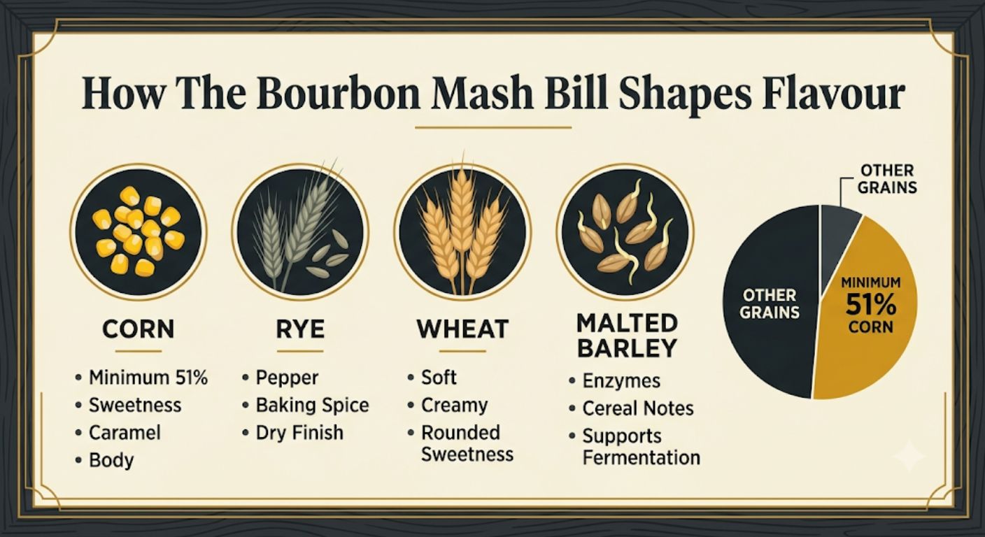 Infographic comparing corn, rye, wheat and malted barley in a bourbon mash bill, explaining how each grain influences flavour and texture while highlighting the legal requirement for at least 51% corn.