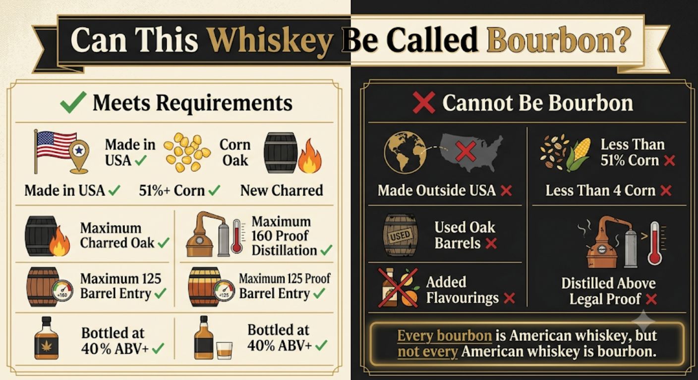 Comparison infographic showing the legal production rules required for a whiskey to qualify as bourbon, alongside examples of conditions that prevent a whiskey from being labelled bourbon.