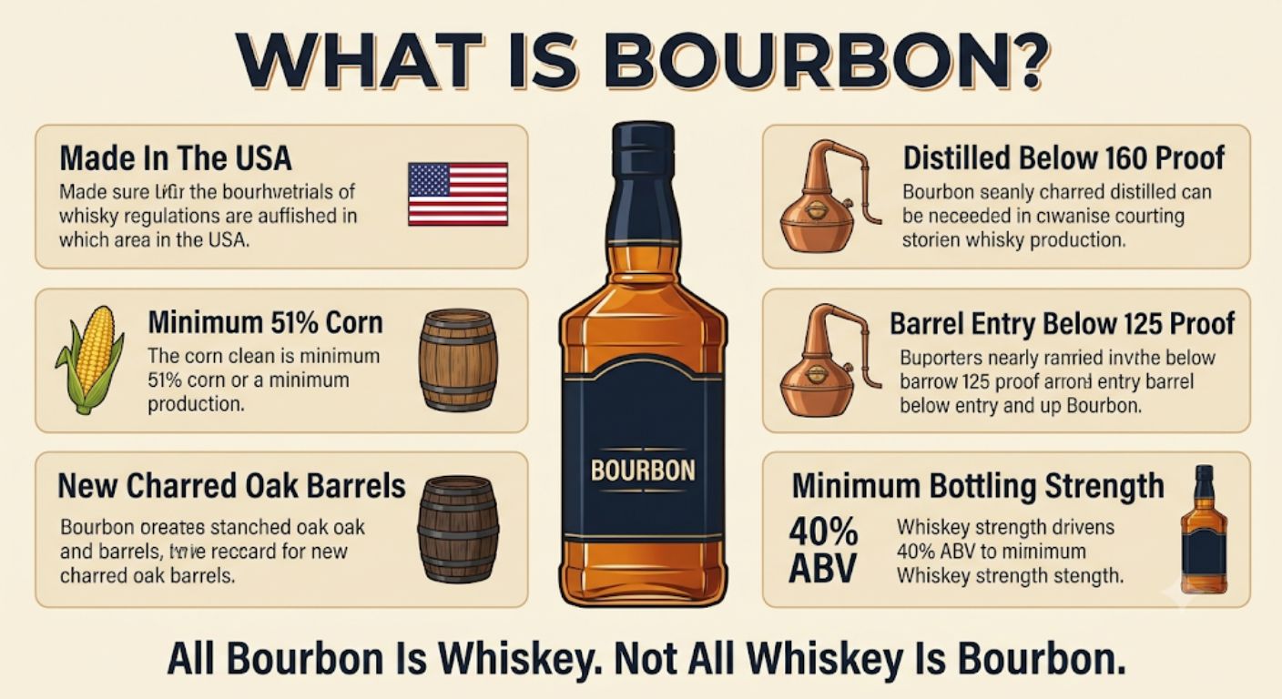Infographic showing the six legal requirements that define bourbon whiskey including corn content, barrel rules, proof limits and American origin.