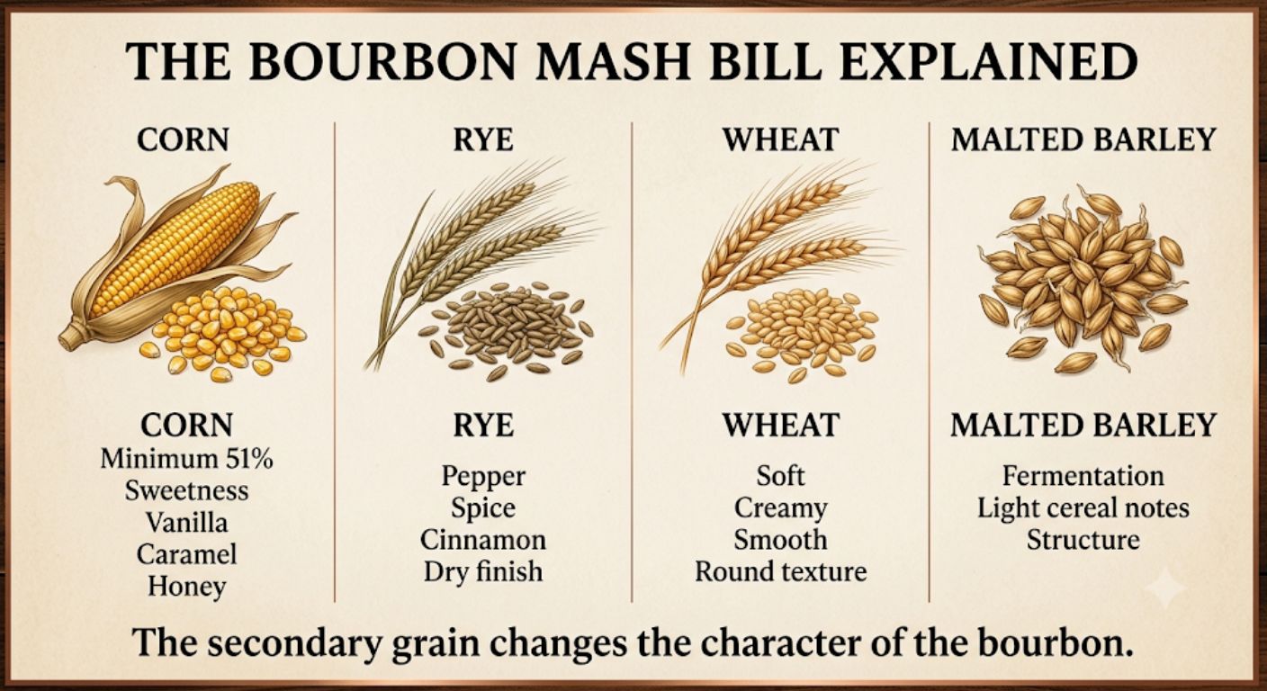 Infographic explaining how corn, rye, wheat and malted barley influence the flavour profile of bourbon whiskey.