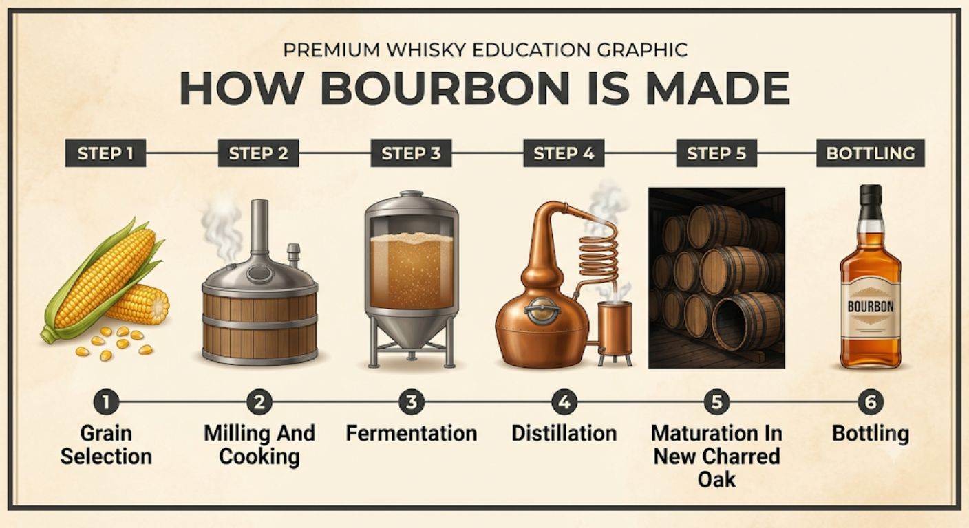 Step-by-step infographic showing the bourbon production process from grain selection and fermentation through maturation and bottling.