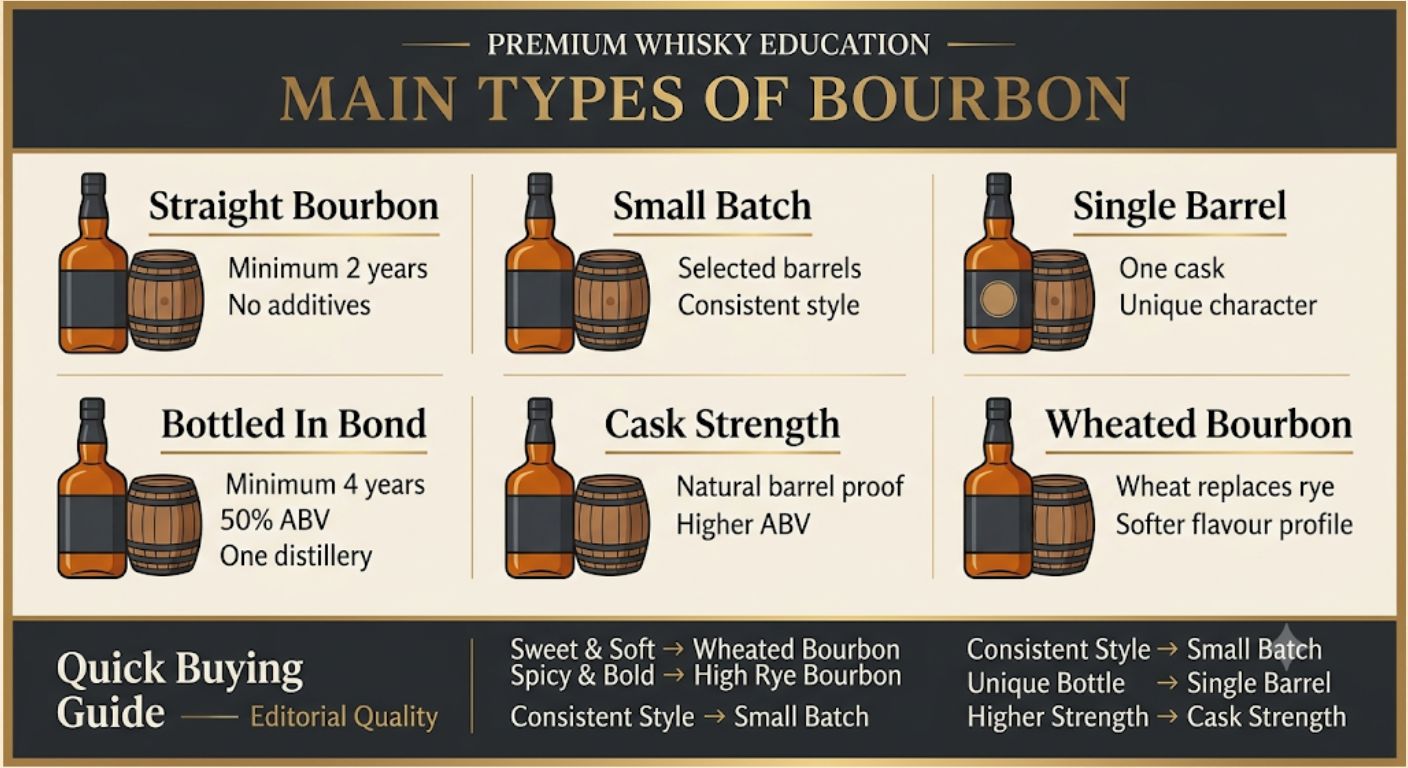 Comparison infographic showing the differences between straight bourbon, small batch, single barrel, bottled in bond, cask strength and wheated bourbon.