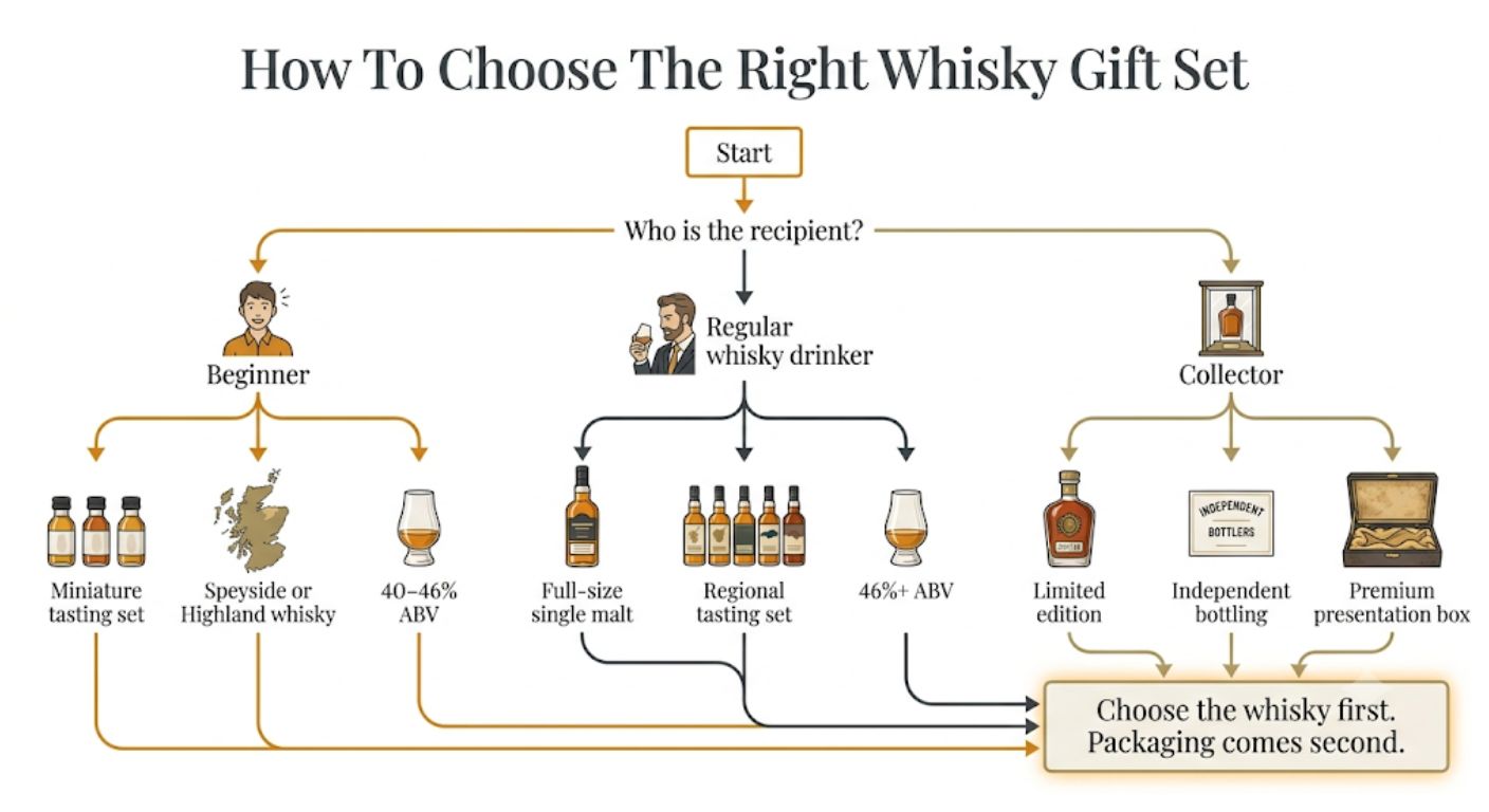 Decision tree helping readers choose the most suitable whisky gift set based on experience level and budget.