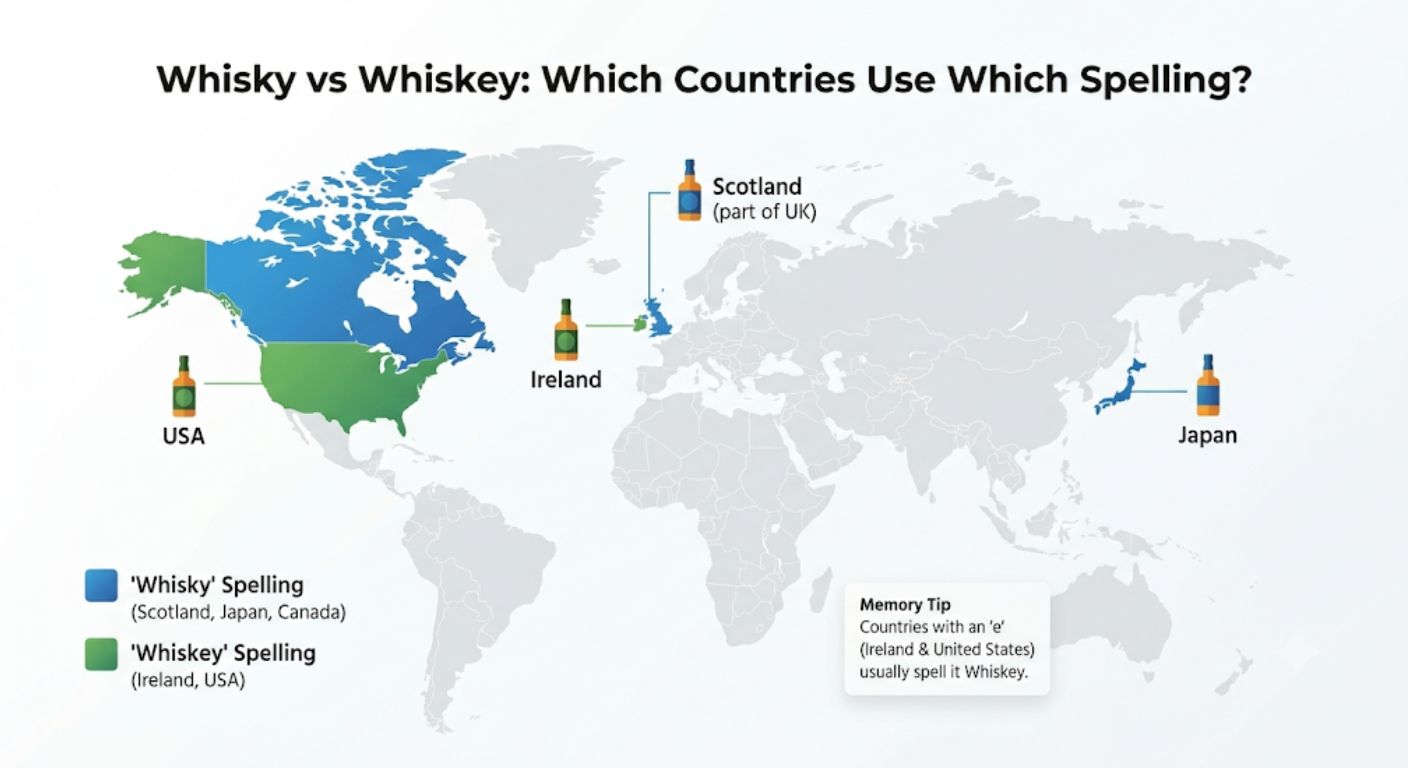 World map showing which countries use the spellings whisky and whiskey, highlighting Scotland, Ireland, Japan, Canada and the United States.