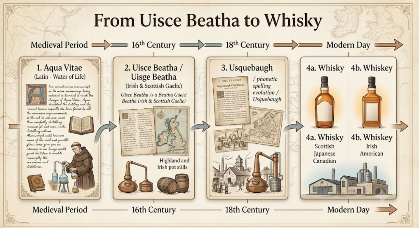 Timeline illustrating how the Gaelic phrase uisce beatha evolved into the modern spellings whisky and whiskey over several centuries.