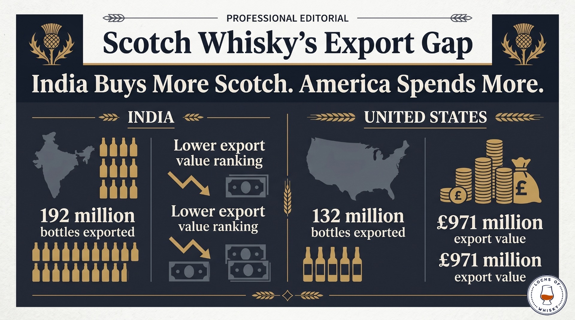 India buys more Scotch whisky than any other country, but the United States spends more money on Scotch exports.
