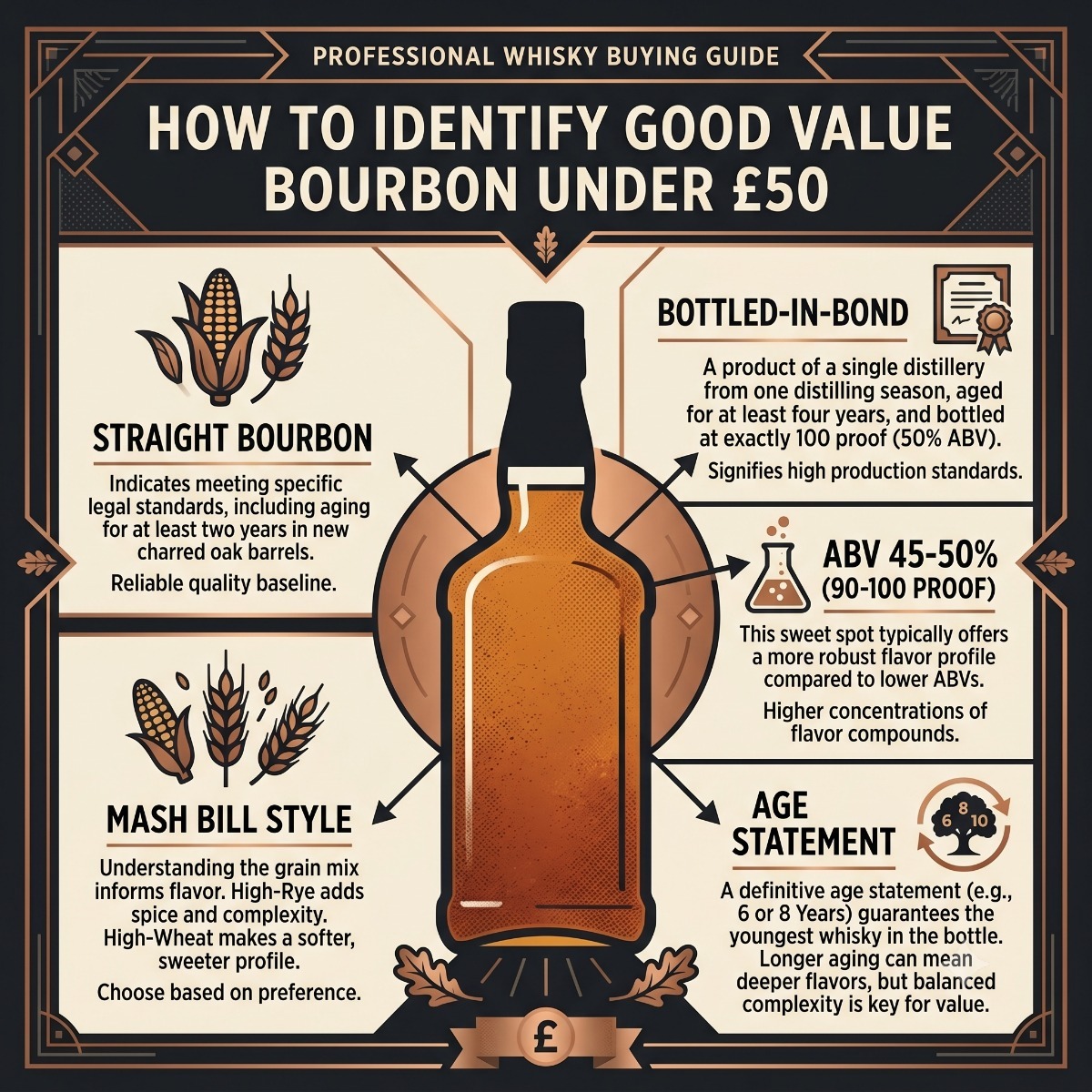 Infographic showing the five key factors used to evaluate value bourbon under £50 including ABV, age statement, Bottled-in-Bond status, mash bill and straight bourbon designation.