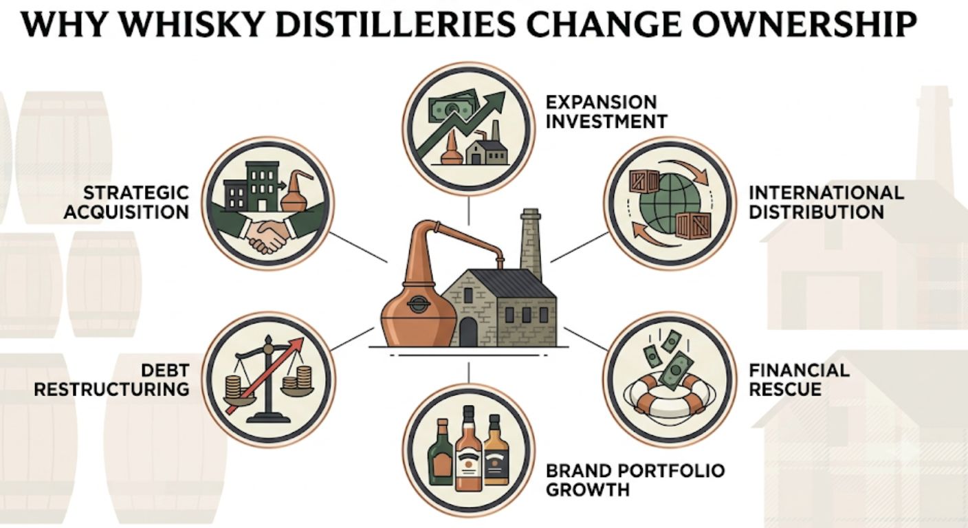 Infographic explaining the six most common reasons whisky distilleries change ownership, including investment, acquisitions, restructuring and expansion.