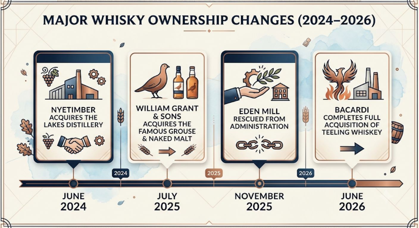 Timeline showing notable whisky distillery acquisitions, ownership changes and rescue investments between 2024 and 2026.