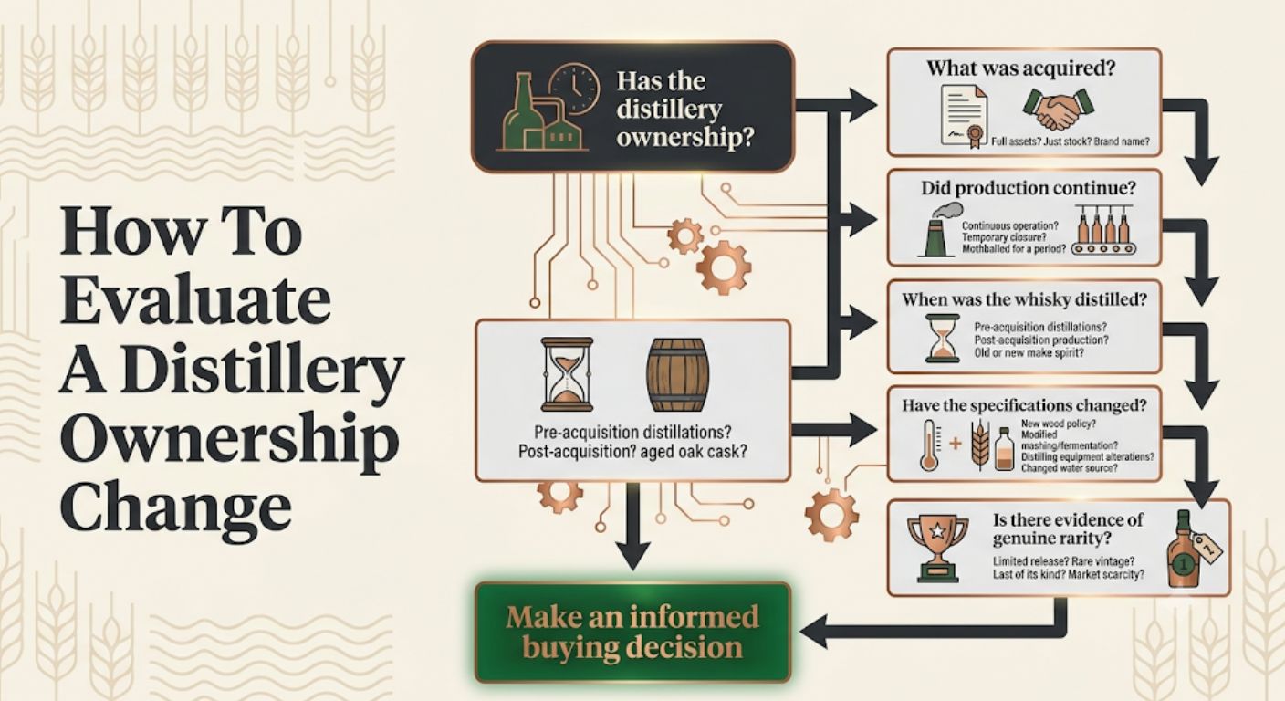 Flowchart showing the key questions buyers and collectors should ask when assessing a whisky distillery ownership change.