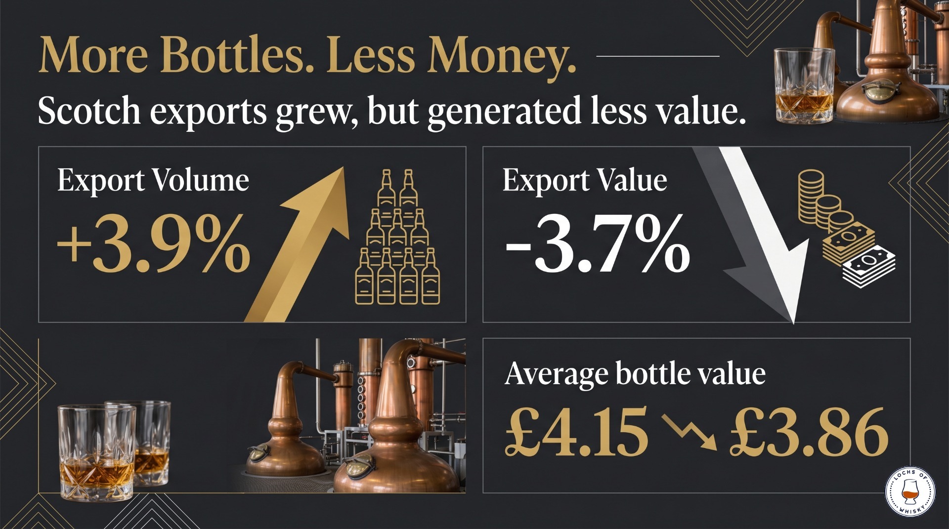 Infographic showing Scotch whisky export volume increased by 3.9% in 2024 while total export value fell by 3.7%.