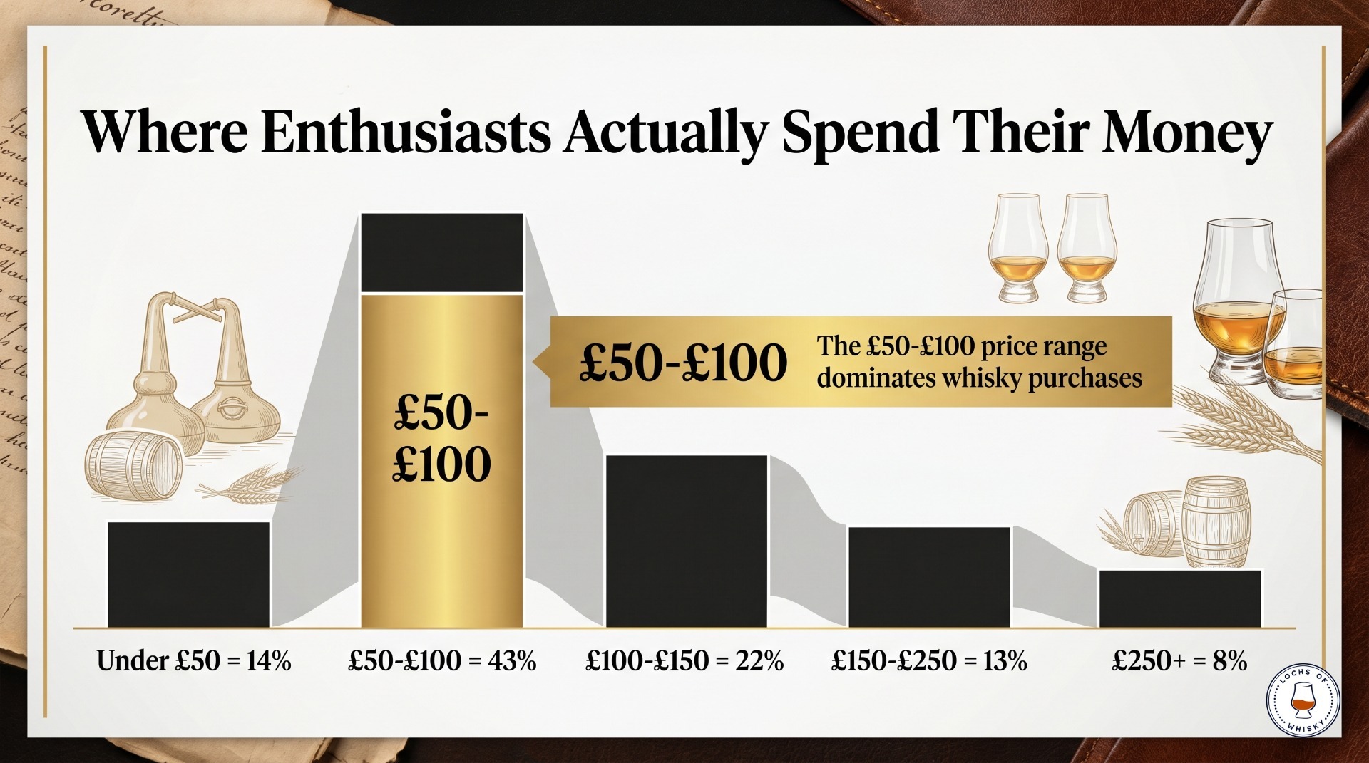 Survey of 279 whisky buyers showing that the £50–£100 price range is the most common spending bracket for premium whisky purchases.