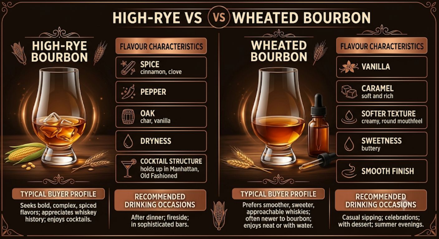 Comparison chart showing the flavour differences between high-rye bourbon and wheated bourbon, including sweetness, spice and drinking style.