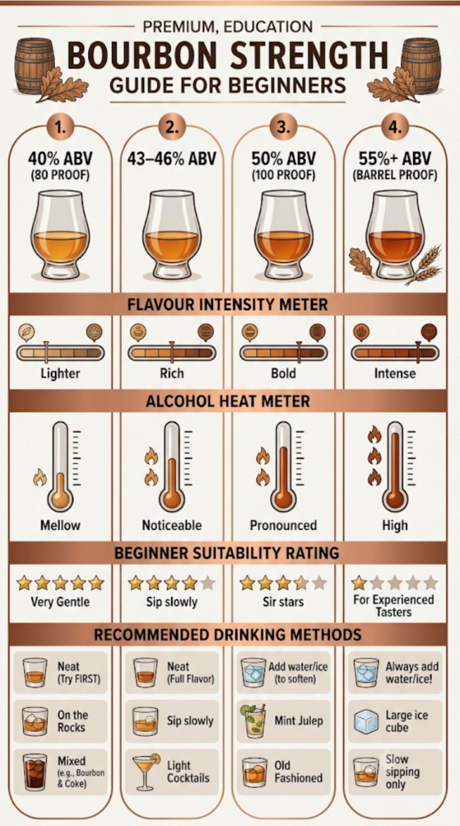 Bourbon proof and ABV guide showing how alcohol strength affects flavour intensity, heat and beginner friendliness.