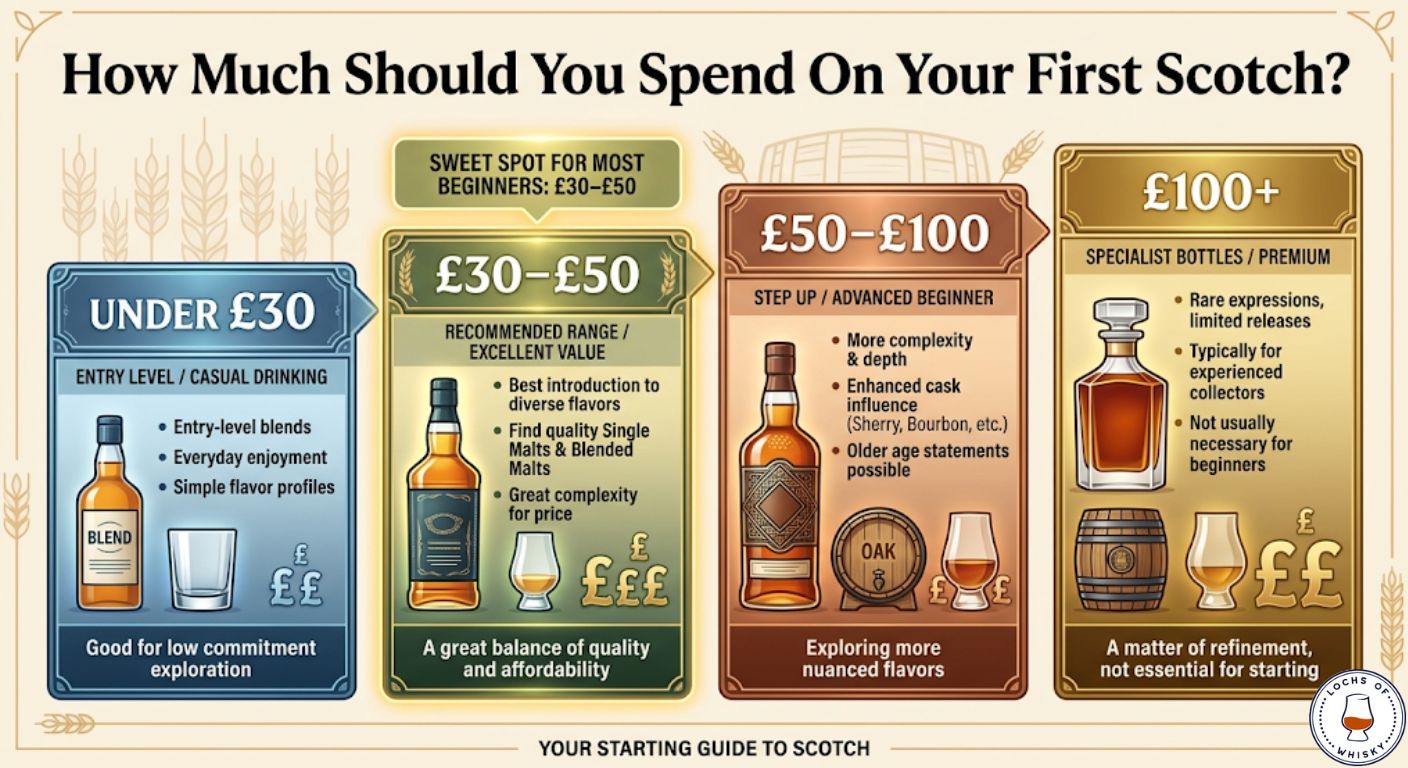 Scotch whisky budget guide showing what beginners can expect at different price ranges from under £30 to over £100.
