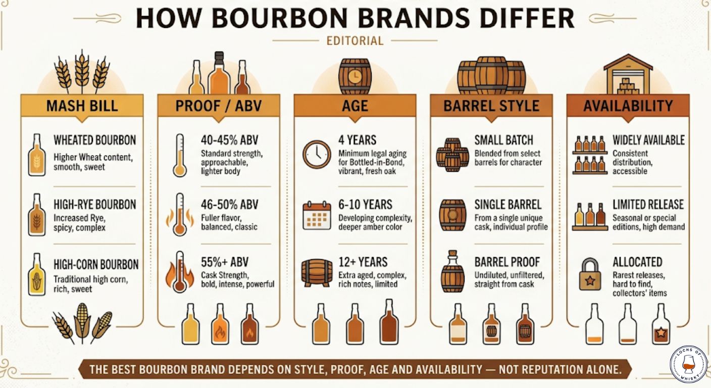 How bourbon brands differ by mash bill, proof, age, barrel selection and availability.