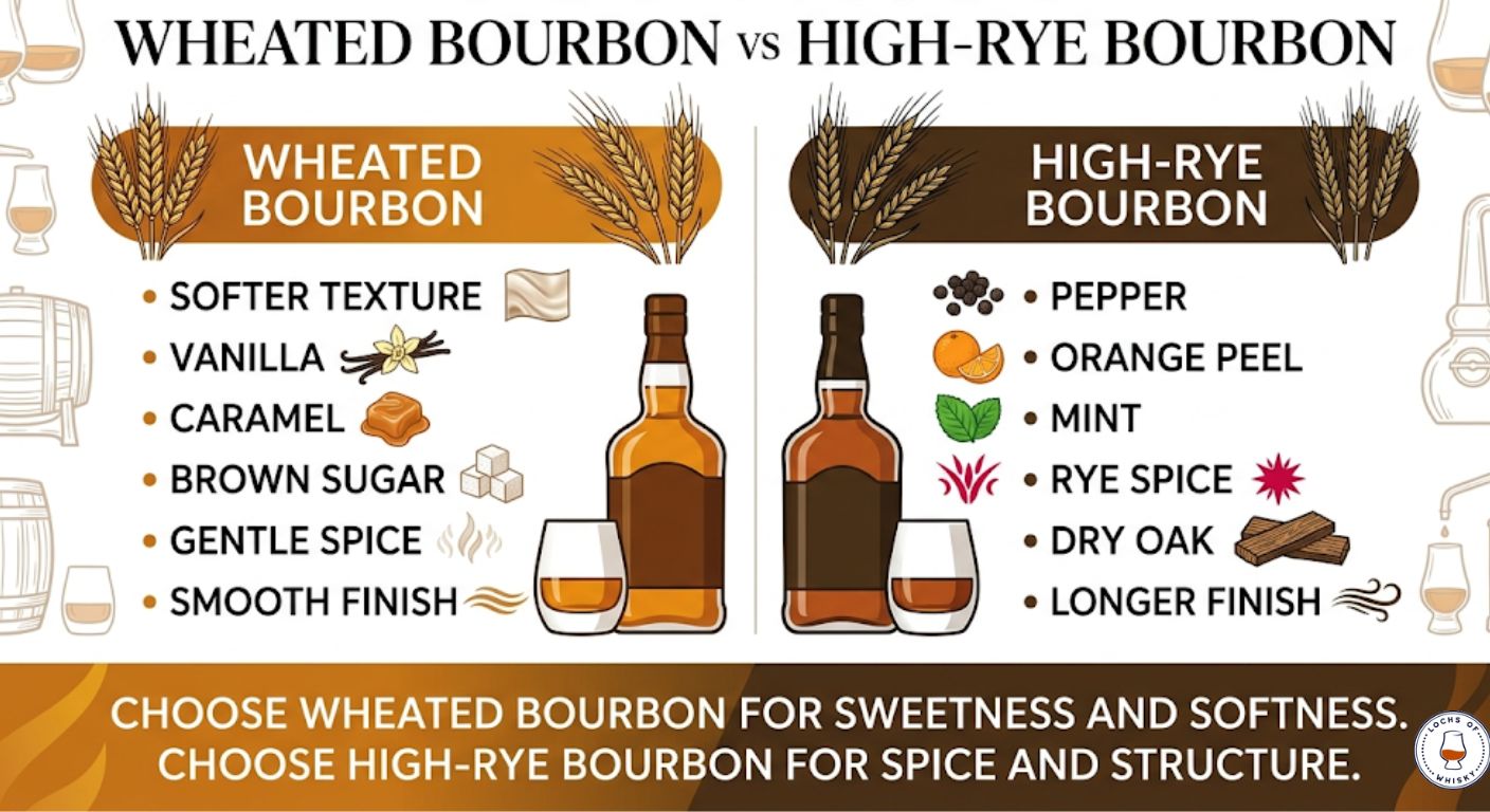 Comparison between wheated bourbon and high-rye bourbon flavour profiles.
