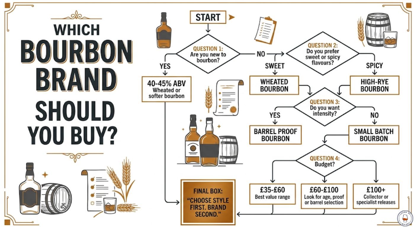 Bourbon buying flowchart showing how to choose the right bourbon style and price range.