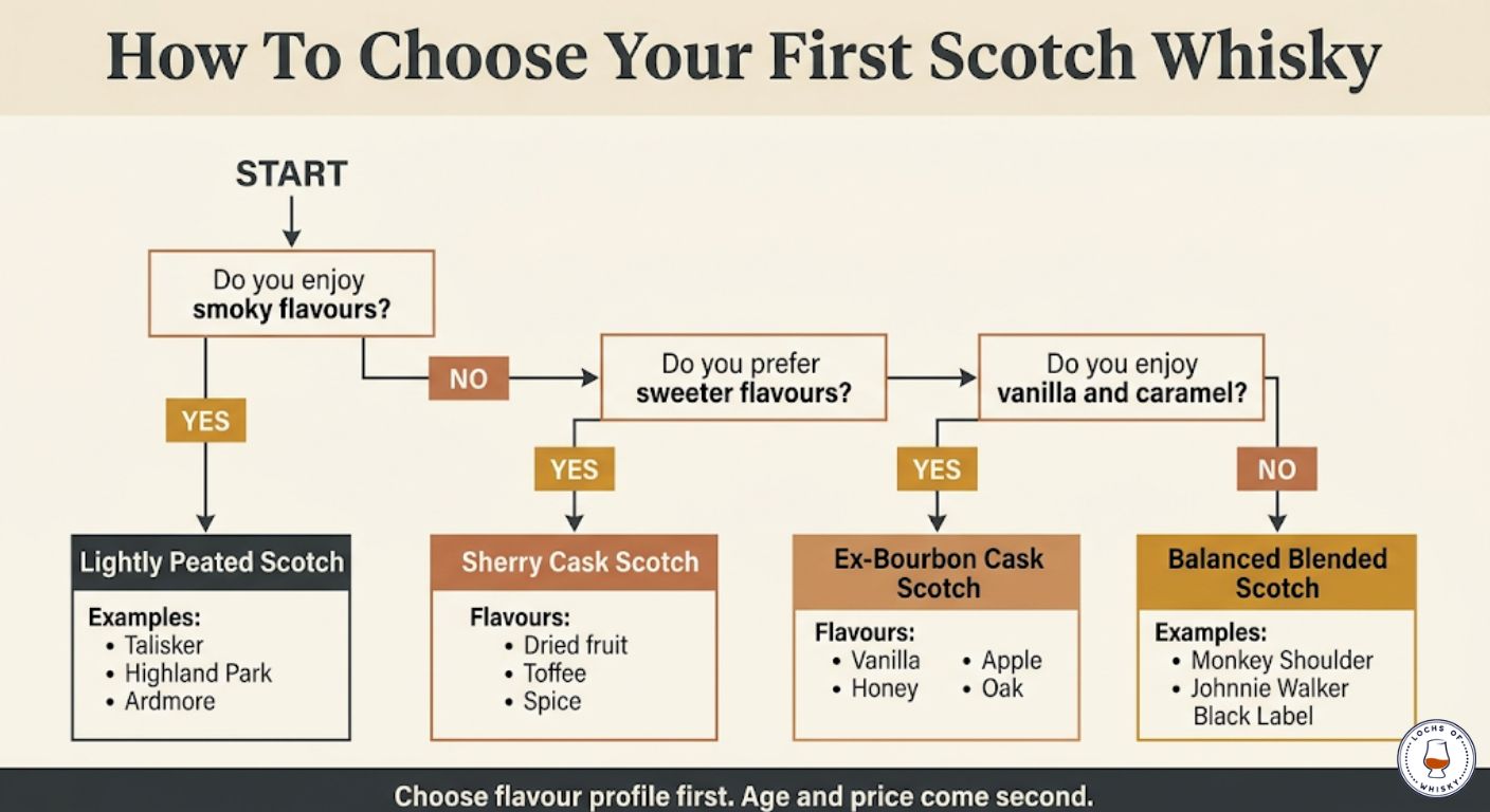 Decision tree showing how beginners can choose their first Scotch whisky based on flavour preferences such as smoke, sweetness and vanilla notes.