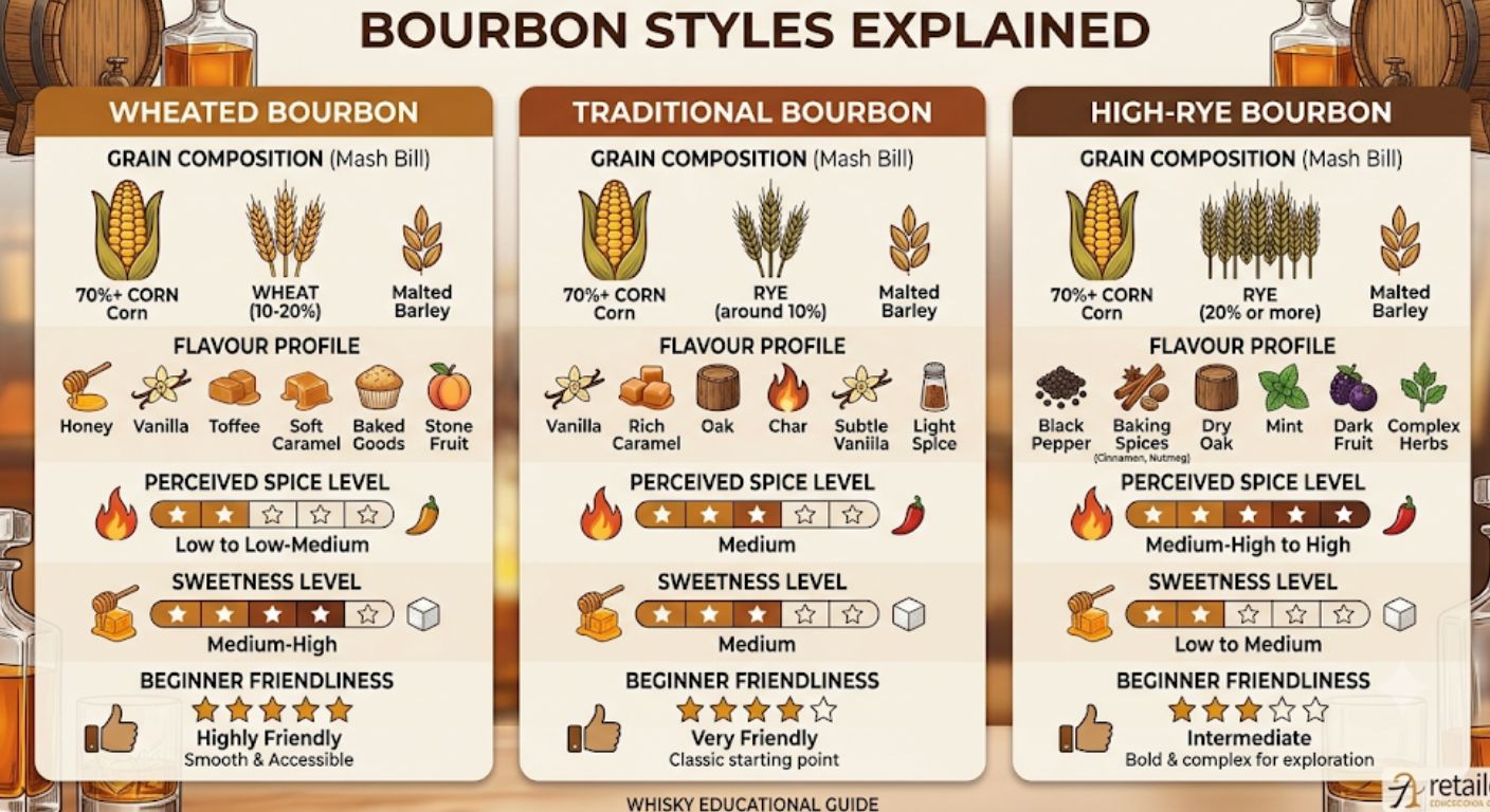 Comparison infographic showing wheated bourbon, traditional bourbon and high-rye bourbon with flavour characteristics, spice levels and beginner suitability.