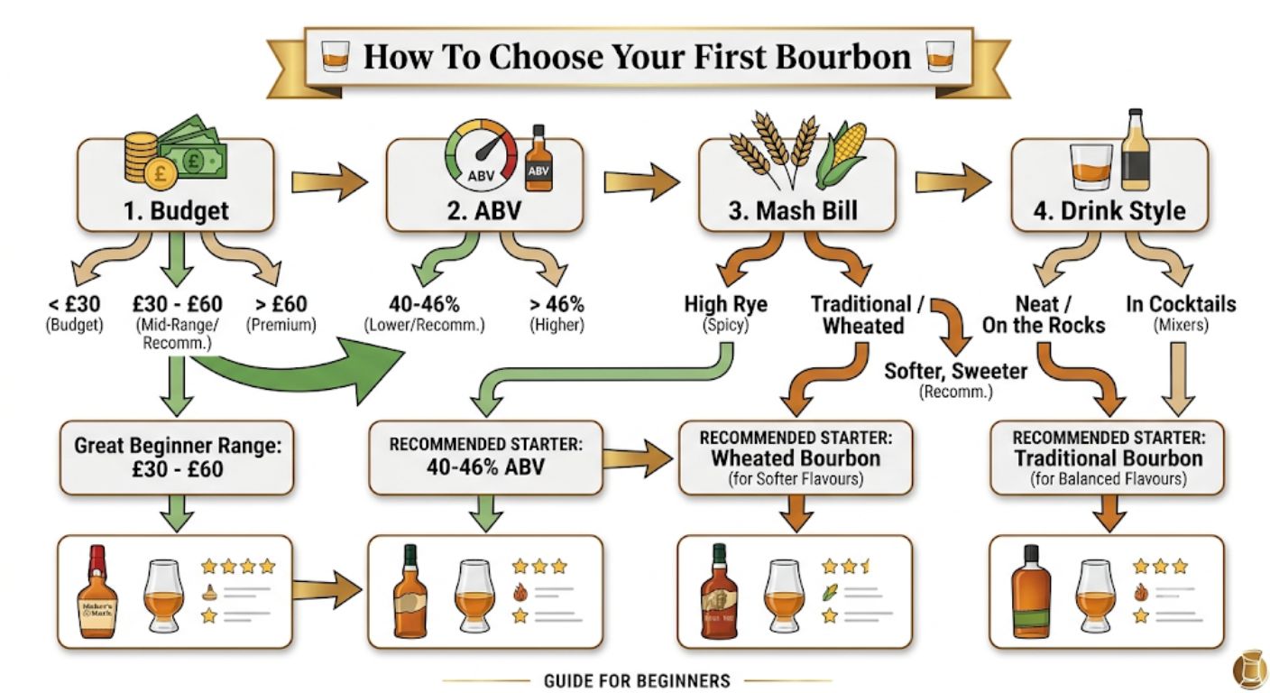 Bourbon buying flowchart showing how beginners can choose a first bottle based on budget, strength, flavour preference and drinking style.