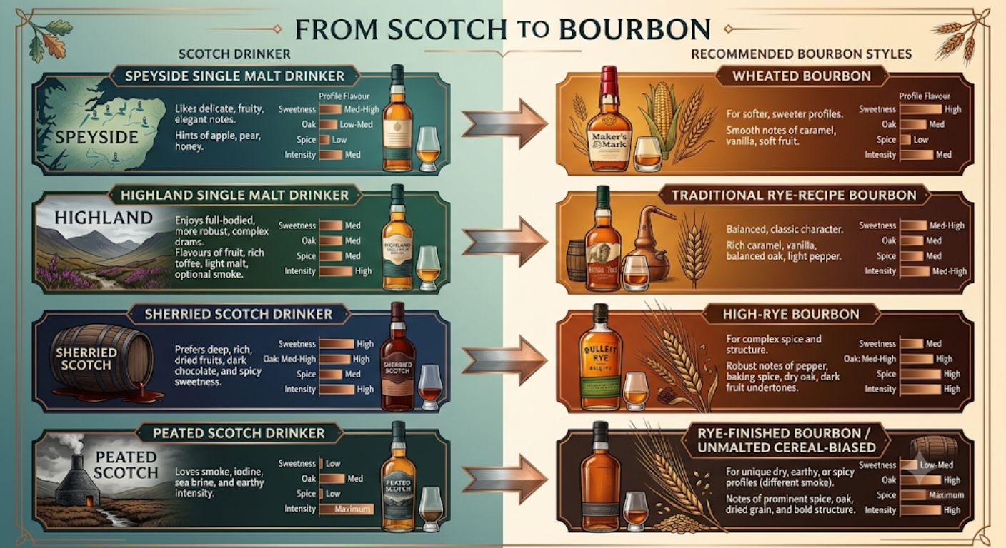 Visual guide helping Scotch whisky drinkers choose a suitable bourbon style based on their preferred Scotch flavour profile.