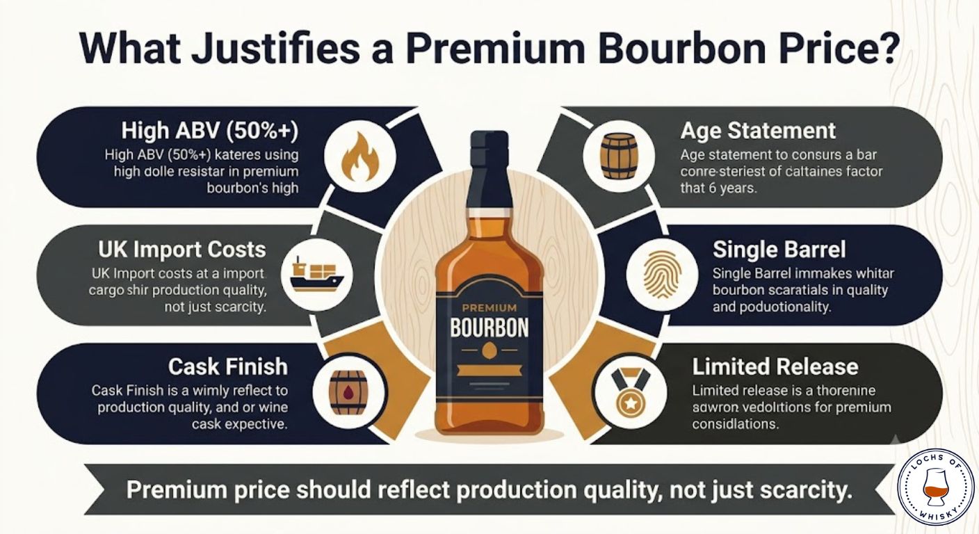 Infographic explaining the six key factors that justify the price of premium bourbon between £100 and £250, including age, ABV, barrel selection and UK import costs.